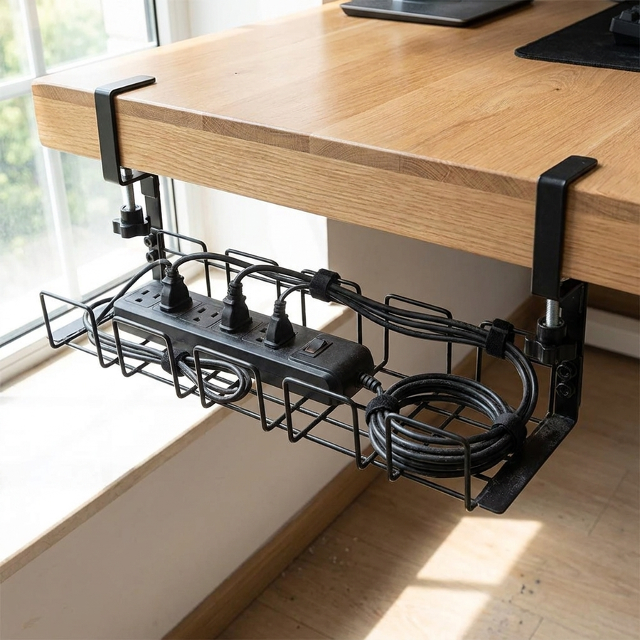 Under-desk metal cable tray mounted under a desk