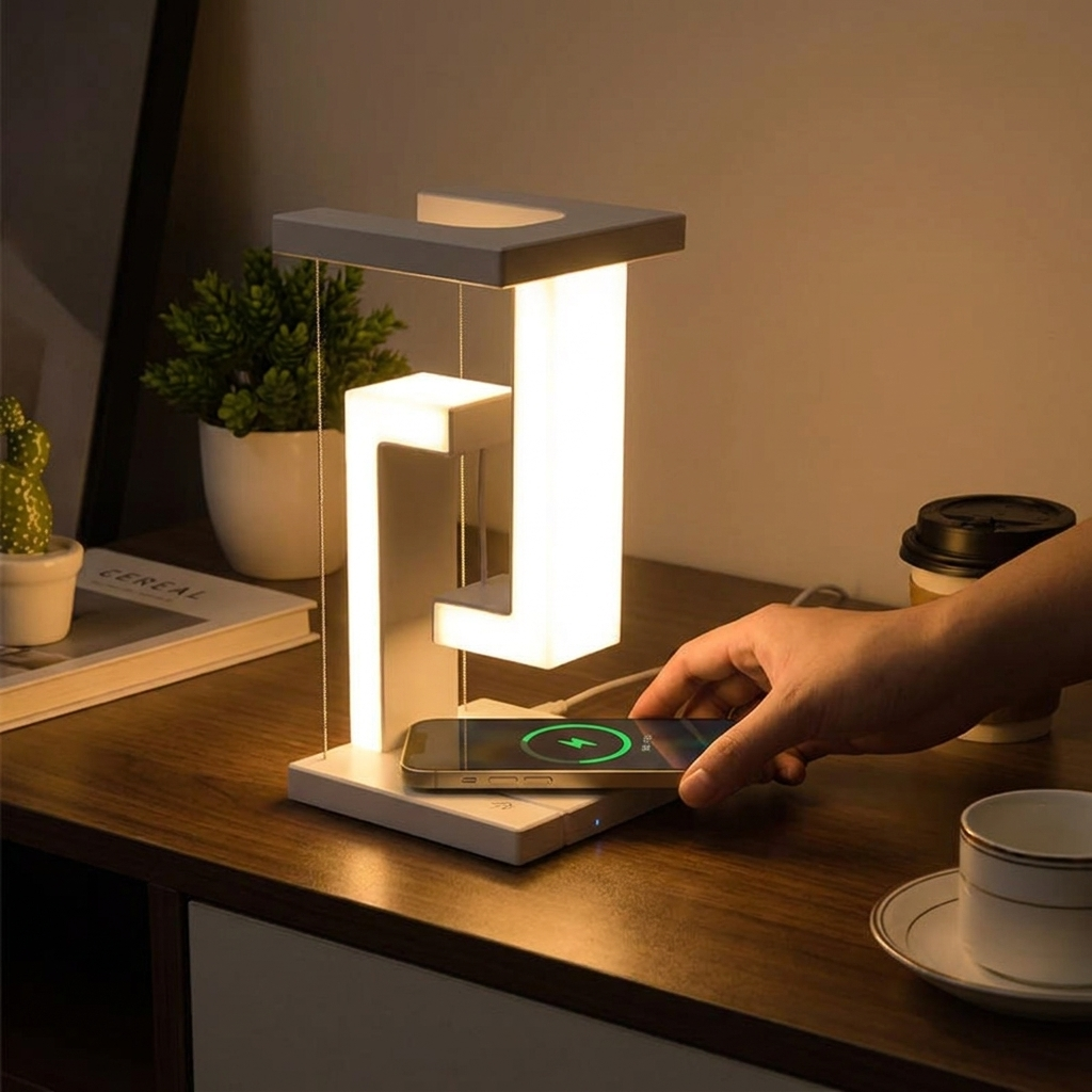 Floating wireless charger lamp glowing on a desk