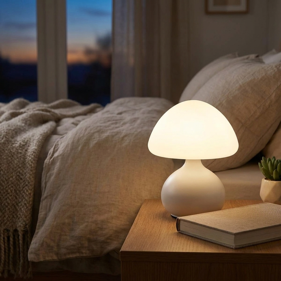 White mushroom table lamp glowing on a bedside table