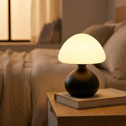 Black mushroom table lamp glowing on a bedside table
