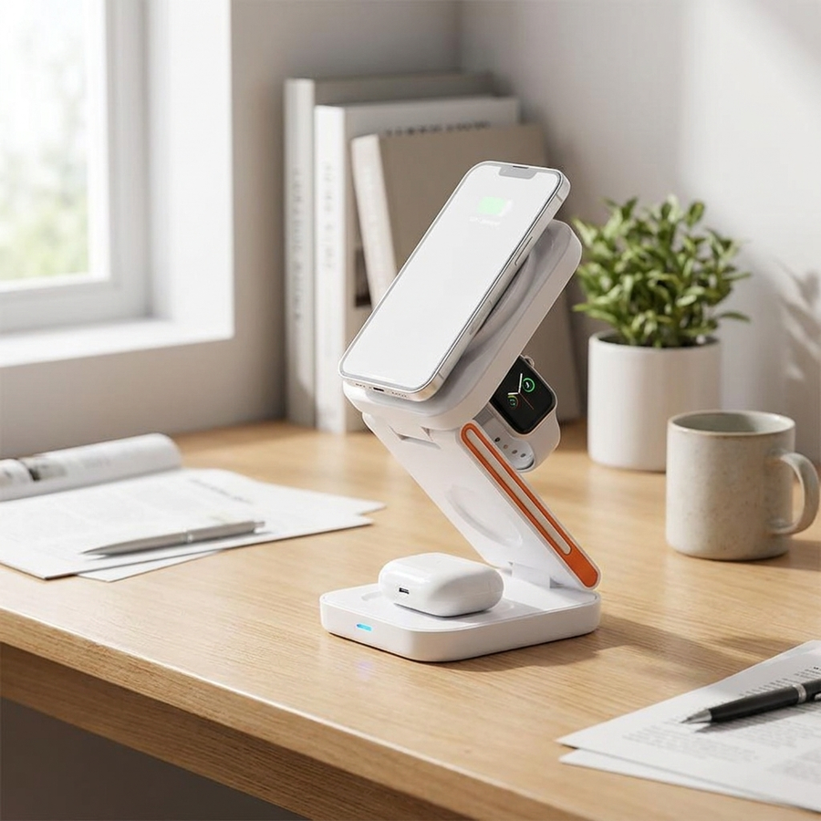 White foldable charging station on a desk