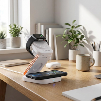 White foldable charging station alternate on a desk