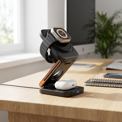 Black foldable charging station on a desk