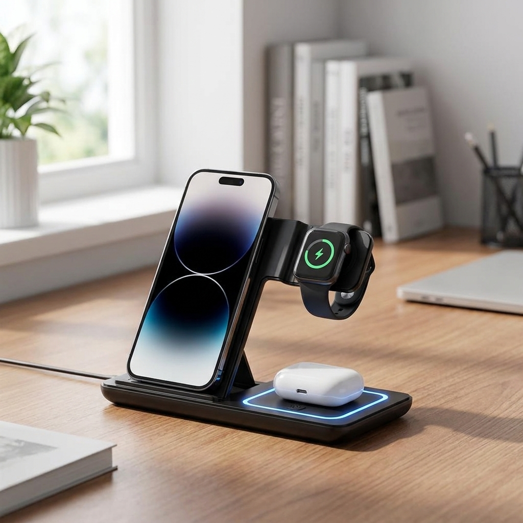 Black desktop charging stand charging a phone