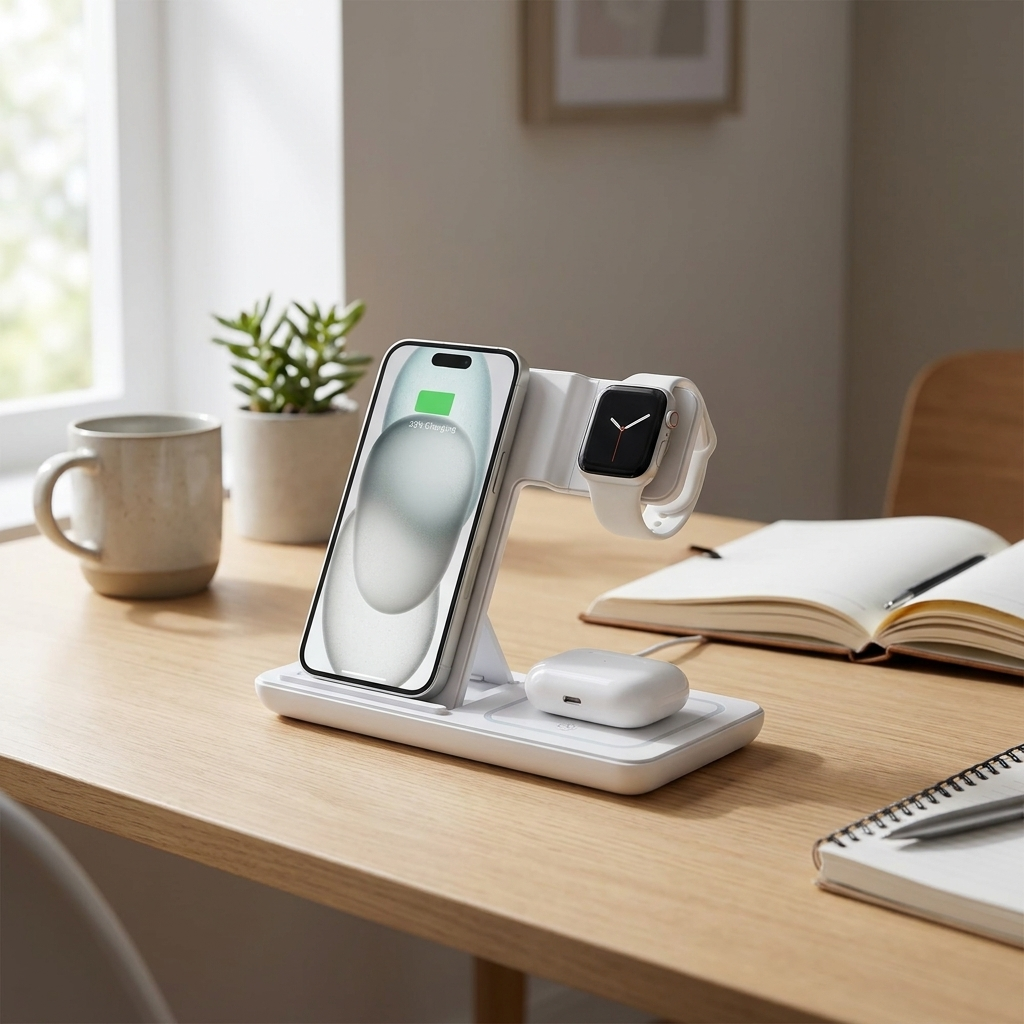 White desktop charging stand charging a phone