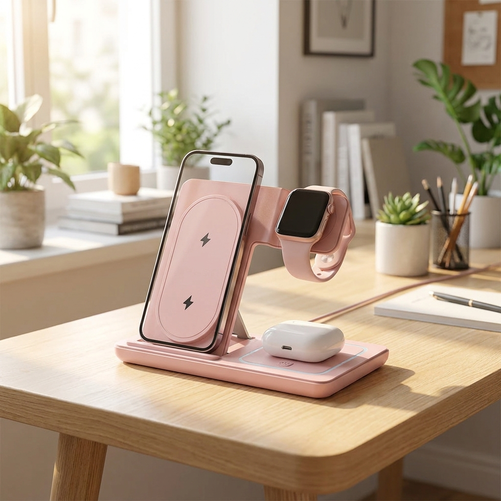Pink desktop charging stand charging a phone