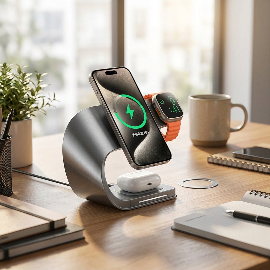 Gray 4-in-1 metal charging stand on a desk