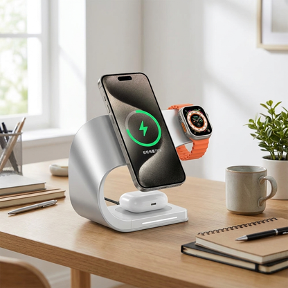 Silver 4-in-1 metal charging stand on a desk