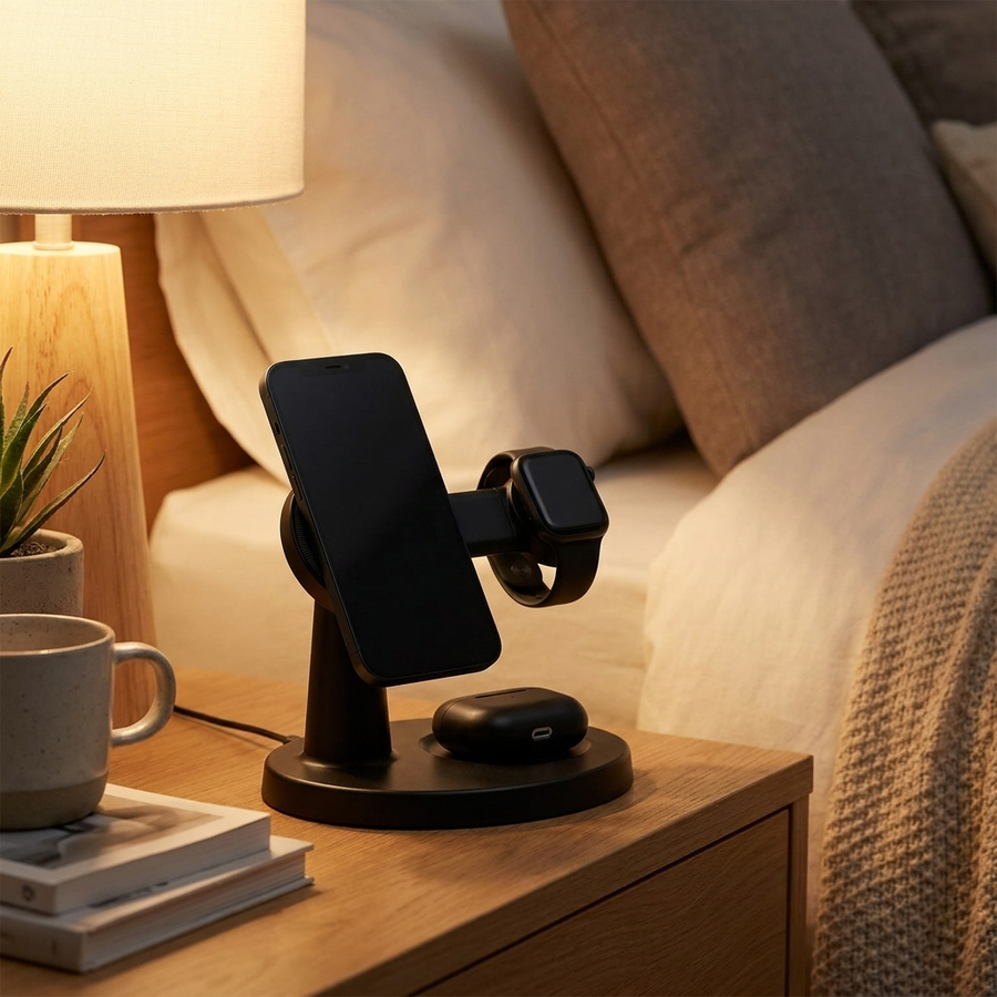 Black 3-in-1 MagSafe charging stand on a nightstand