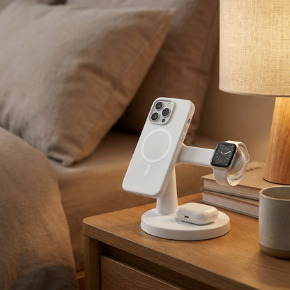 White 3-in-1 MagSafe charging stand on a nightstand