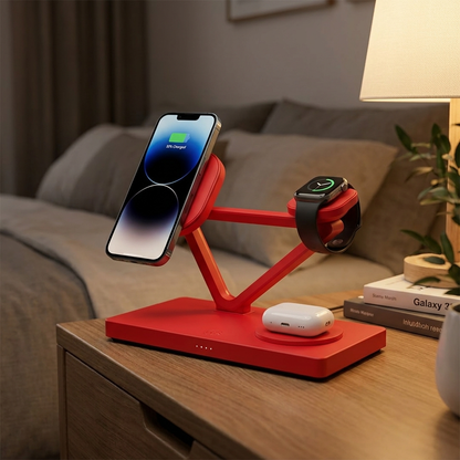 Red 3-in-1 MagSafe charging stand on a nightstand