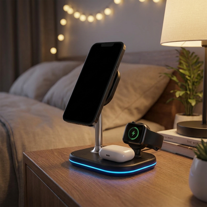 3-in-1 MagSafe charging stand with accent light on a nightstand