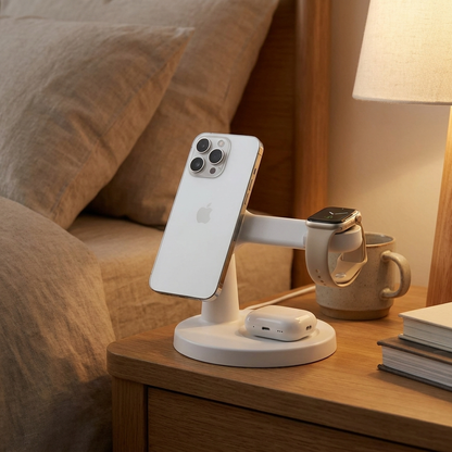 White 3-in-1 MagSafe charging stand variant on a nightstand