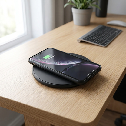 Black wireless charging pad on a desk