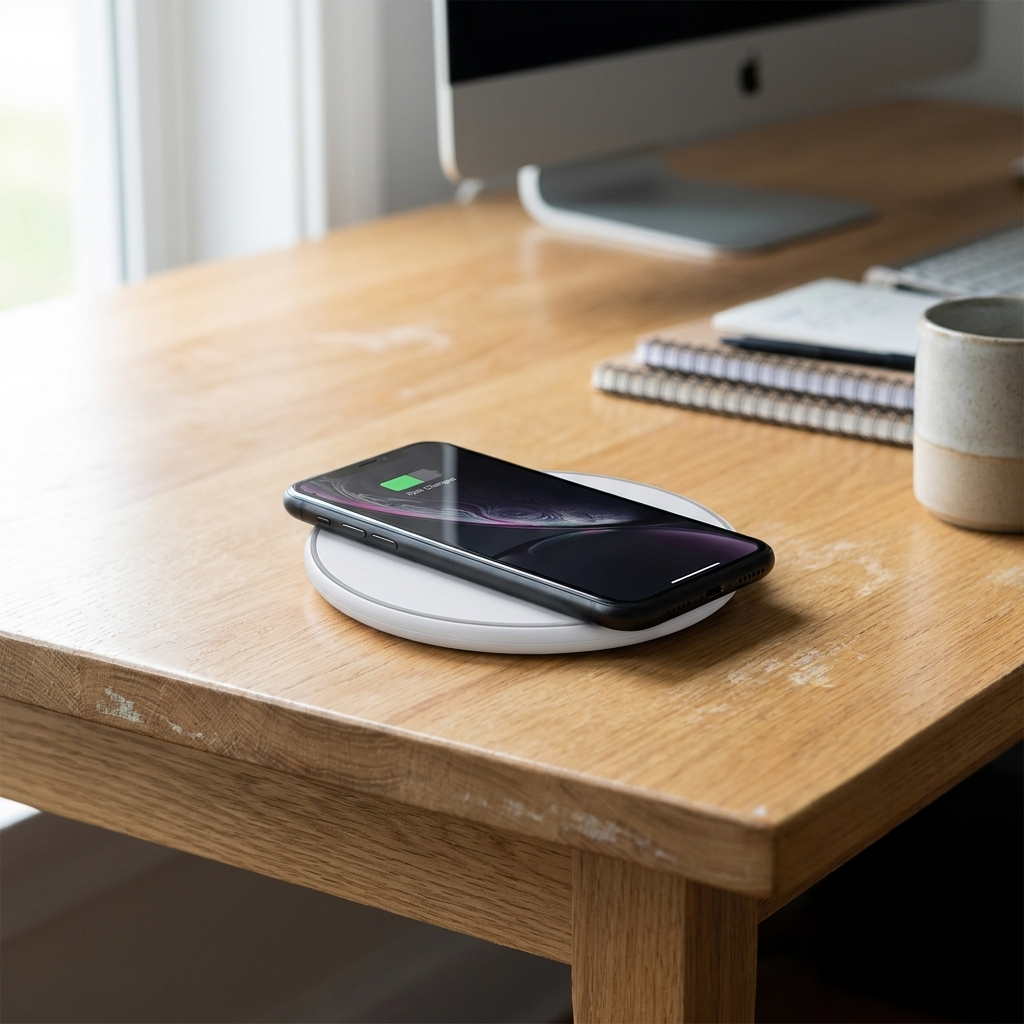 White wireless charging pad on a desk