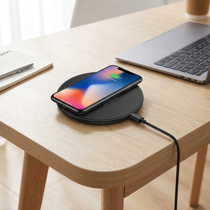 Black wireless charging pad with cable on a desk