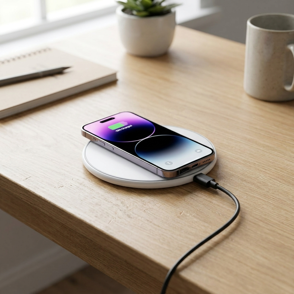 White wireless charging pad with cable on a desk