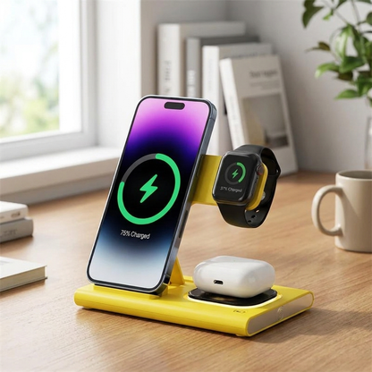 Yellow foldable phone wireless charger on a desk
