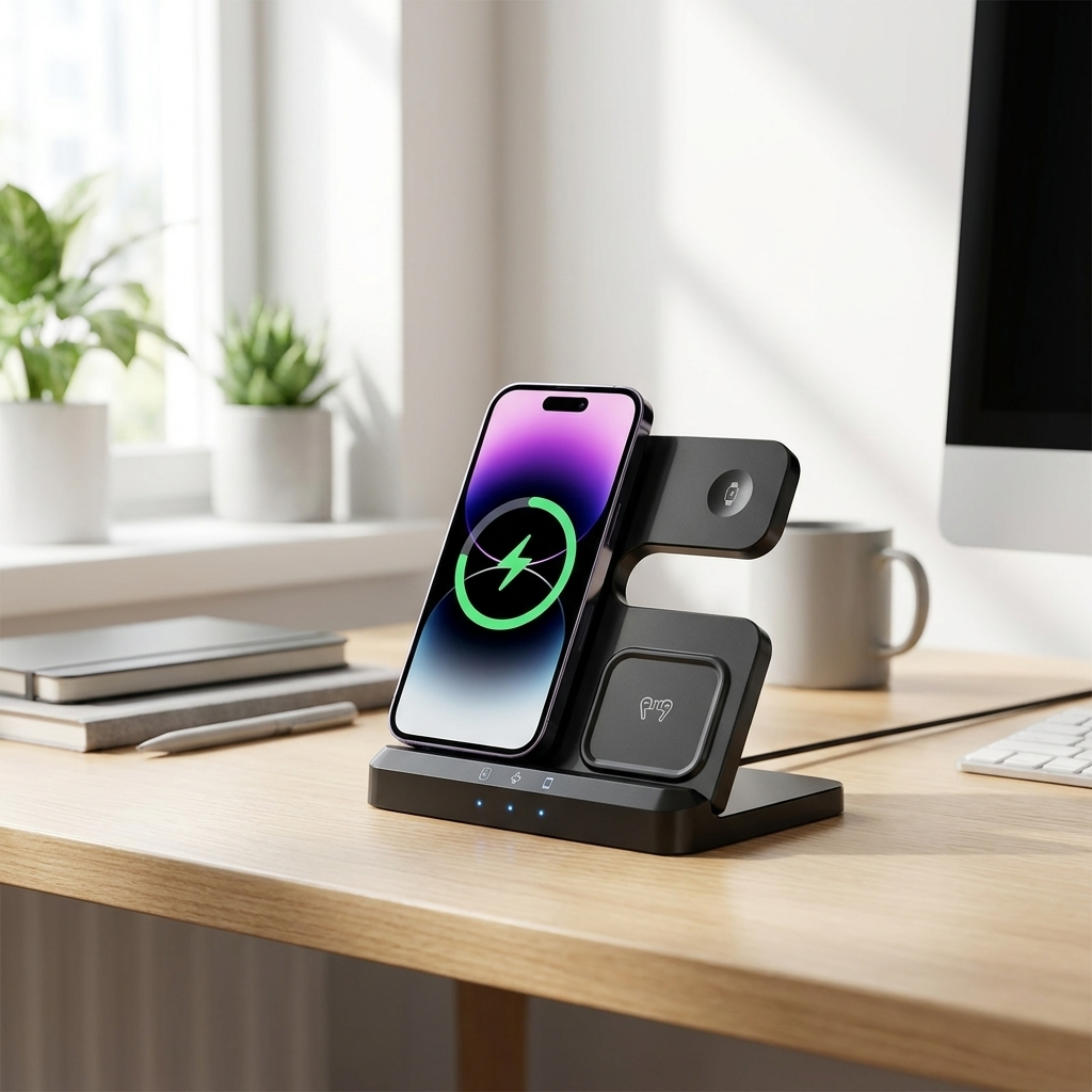 Black foldable phone wireless charger on a desk