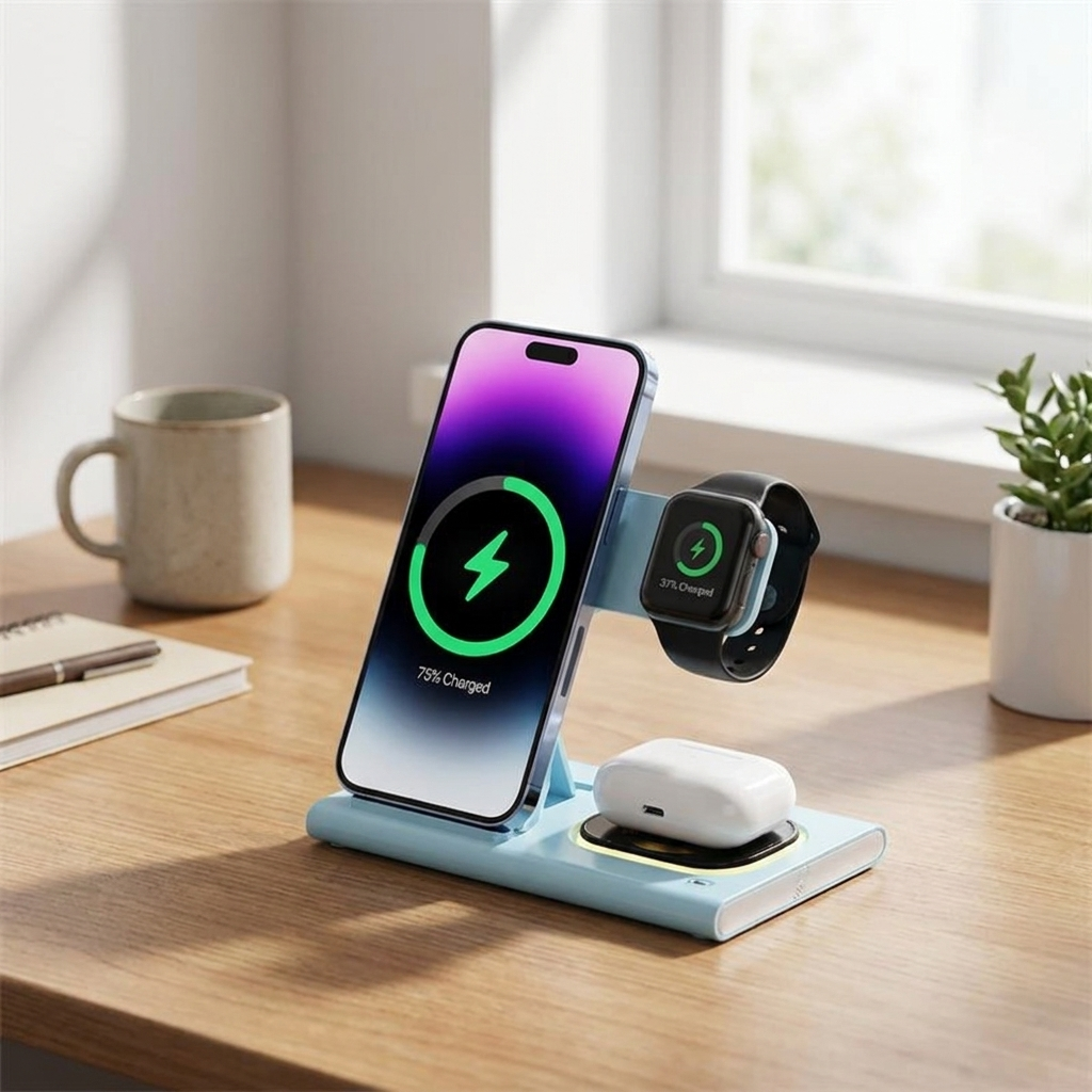 Blue foldable phone wireless charger on a desk