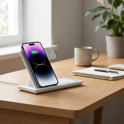 White foldable phone wireless charger second variant on a desk