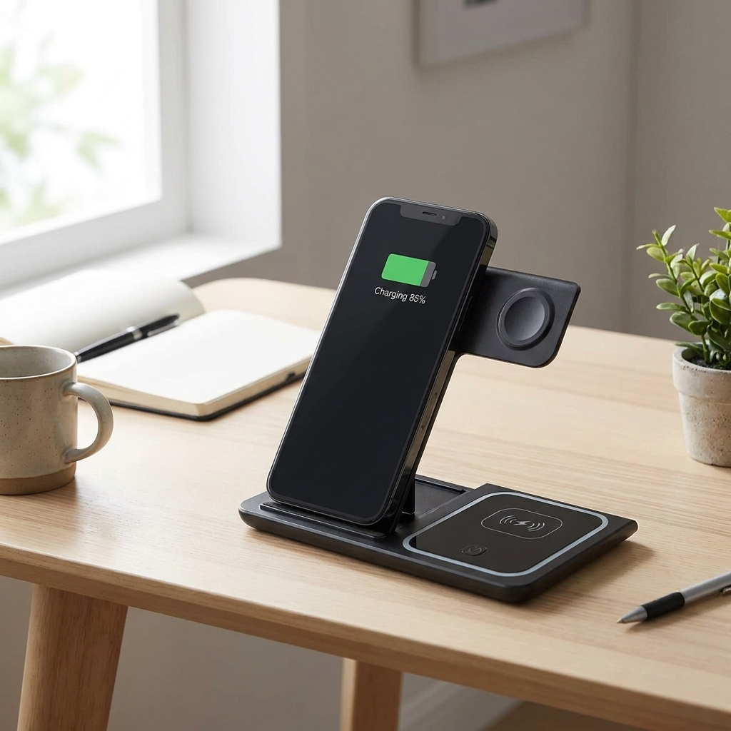 Black foldable phone wireless charger second variant on a desk