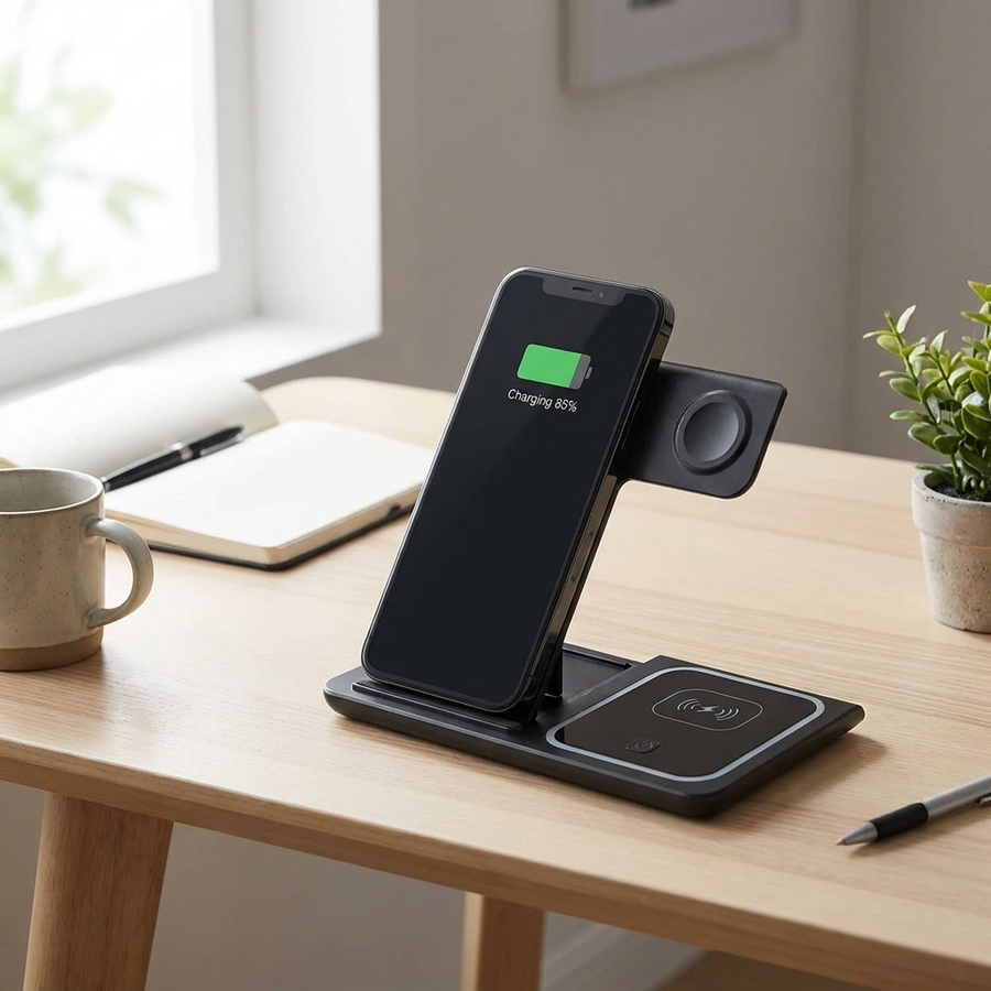 Black foldable phone wireless charger second variant on a desk