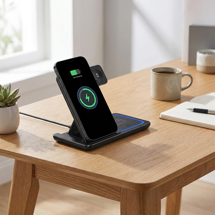 Black foldable phone wireless charger on a desk