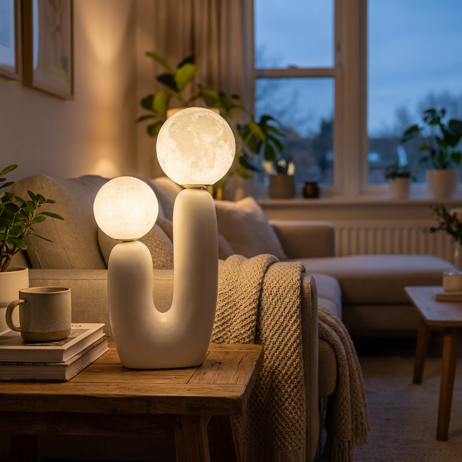 Nordic glass table lamp white moon glowing on a side table