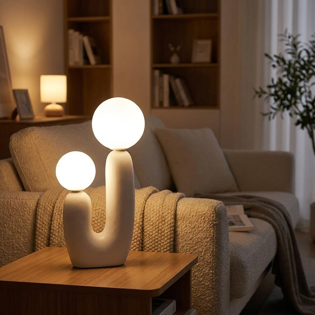 Nordic glass table lamp white glass glowing on a side table