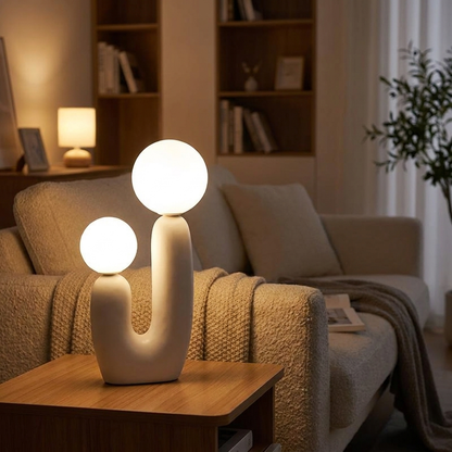 Nordic glass table lamp white glass glowing on a side table