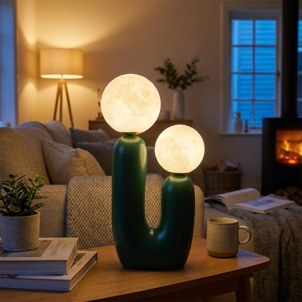 Nordic glass table lamp green moon glowing on a side table
