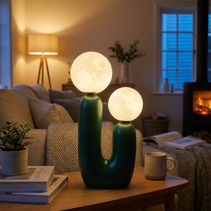 Nordic glass table lamp green moon glowing on a side table