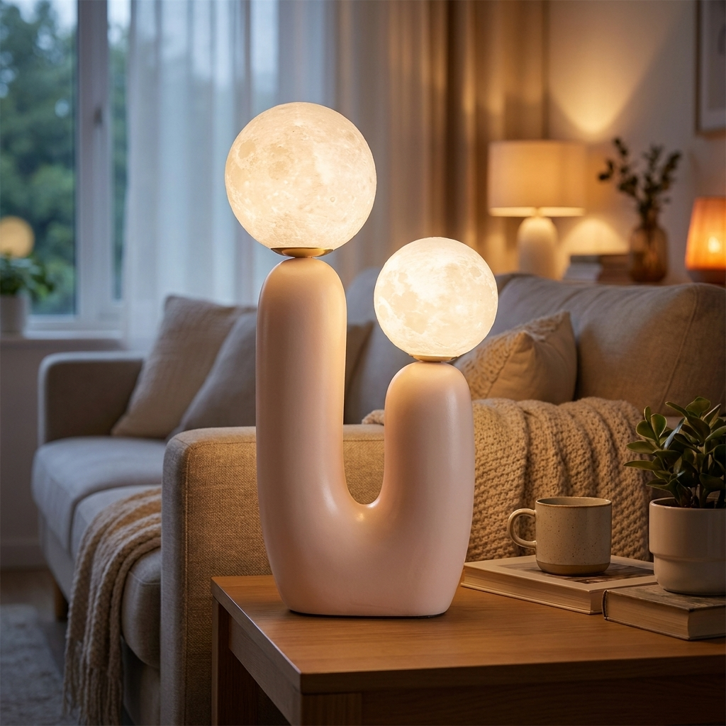 Nordic glass table lamp pink moon glowing on a side table