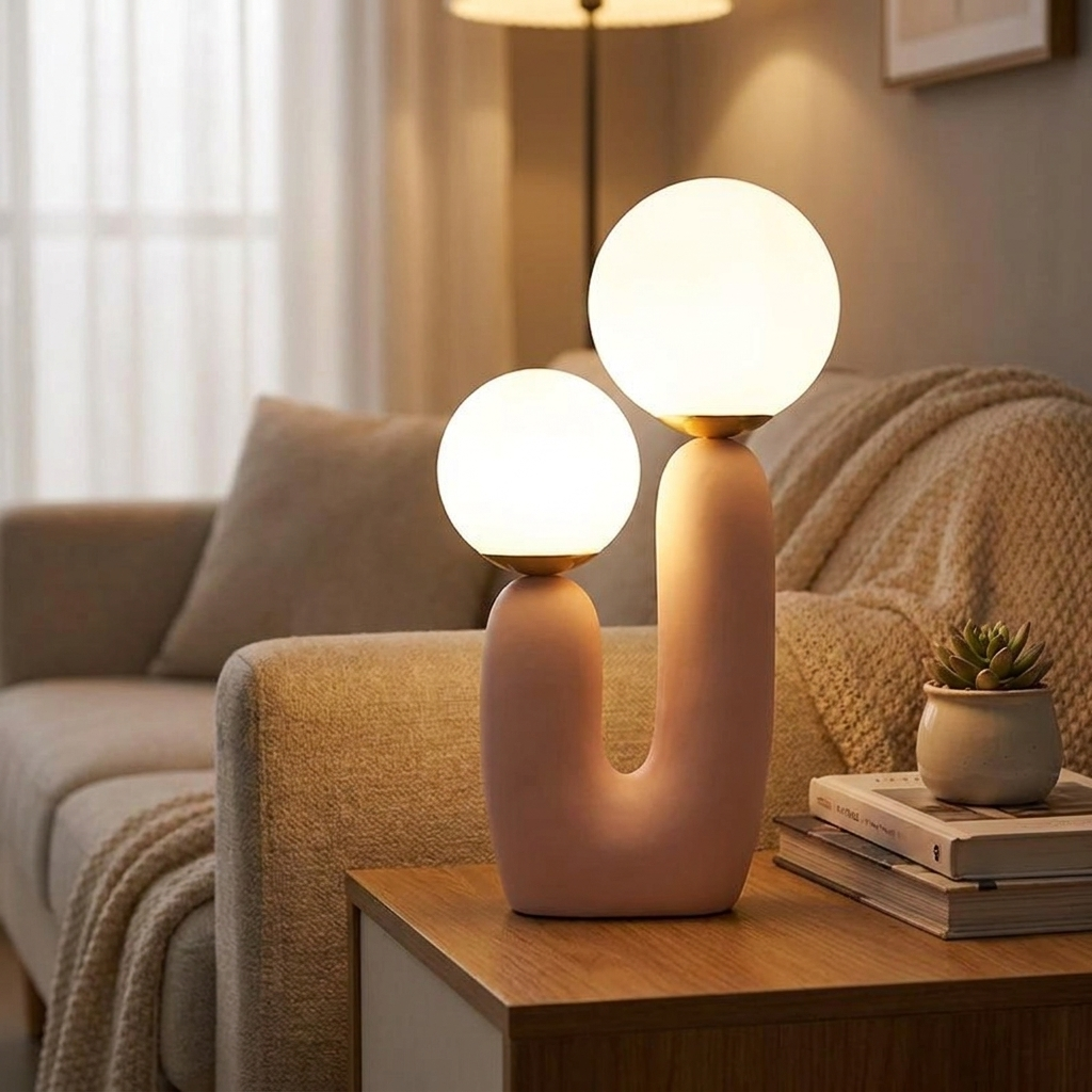 Nordic glass table lamp pink glass glowing on a side table