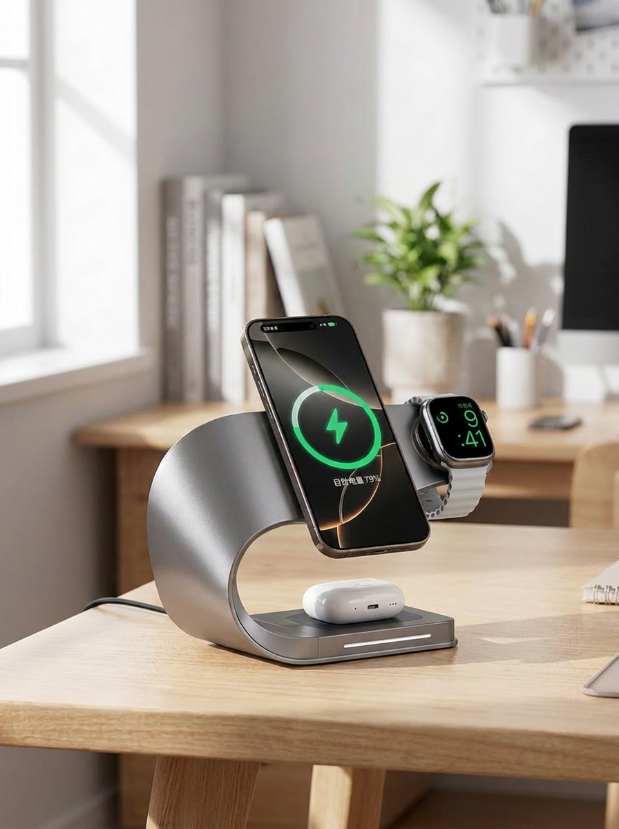 Qi 15W 4-In-1 Charging Stand Metal-Shell Durability Magnetic Alignment Desk Accessory