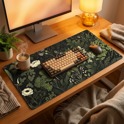 Botanical Green Floral Mouse Pad on a warm cozy desk — hero