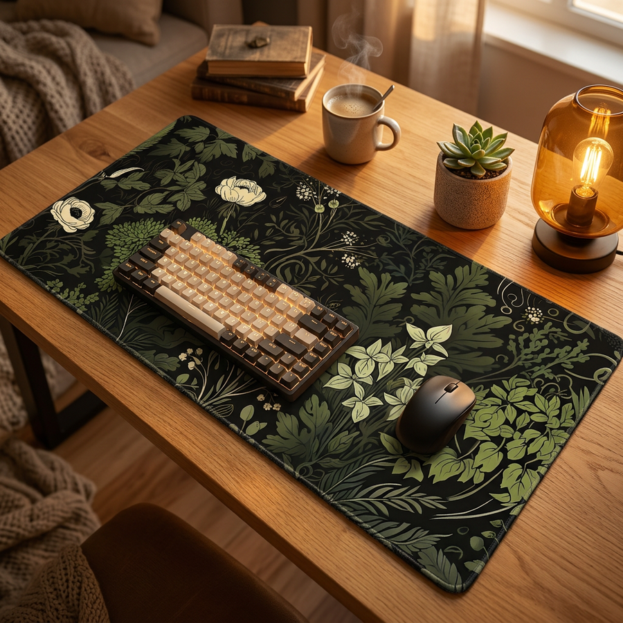 Botanical Green Floral Mouse Pad — warm cozy desk, style 1