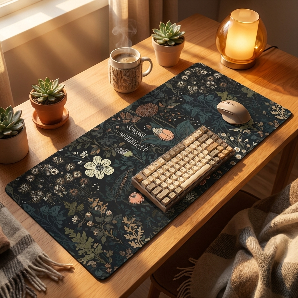 Botanical Green Floral Mouse Pad — warm cozy desk, style 6