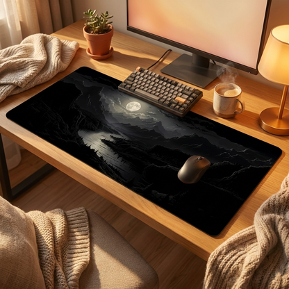 Night Moonlight Large Mouse Pad on a warm cozy desk — hero