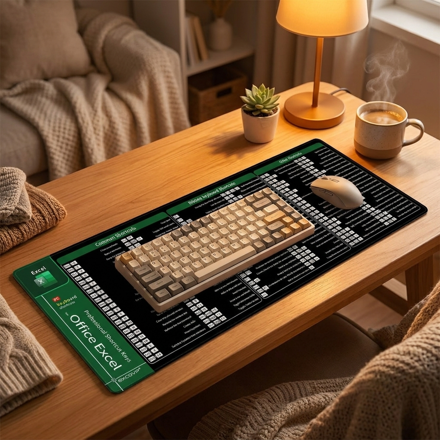 Large Excel Shortcuts Desk Mat on a warm cozy desk