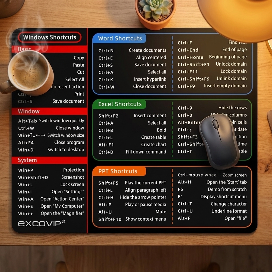 Excel Shortcuts Mouse Pad on a warm cozy desk