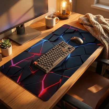 Large Gaming Hexagonal Geometric Mouse Pad on a warm cozy desk — hero