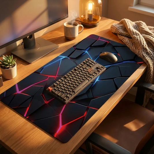 Large Gaming Hexagonal Geometric Mouse Pad on a warm cozy desk — hero