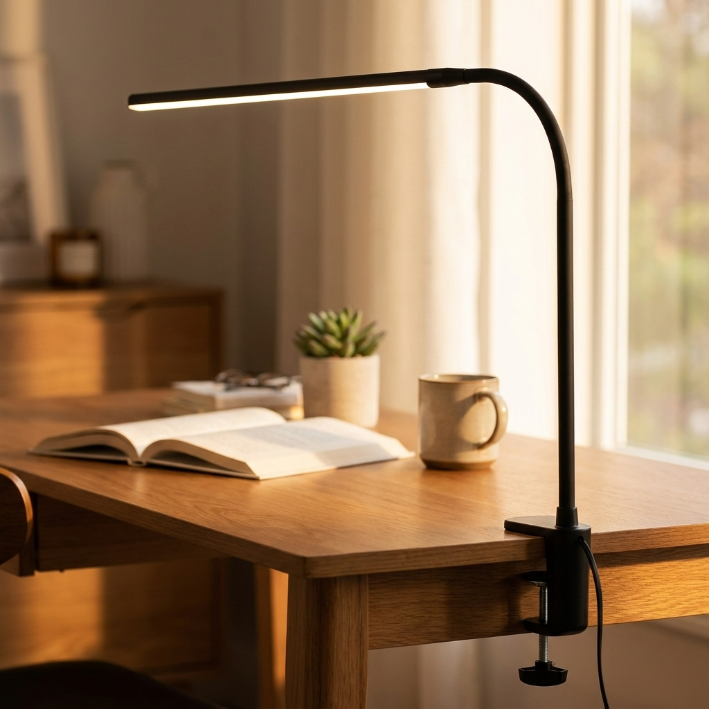 Single-head Black LED architect desk lamp in a warm home office
