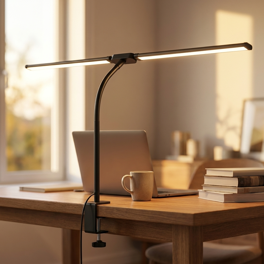 Double-head Black LED architect desk lamp in a warm home office