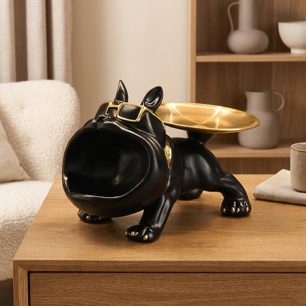 Bulldog Resin Statue Storage Tray - Black - warm scene