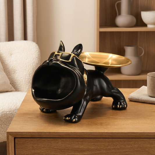 Bulldog Resin Statue Storage Tray - Black - warm scene