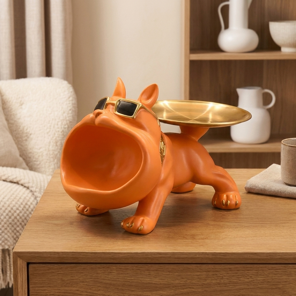 Bulldog Resin Statue Storage Tray - Orange - warm scene
