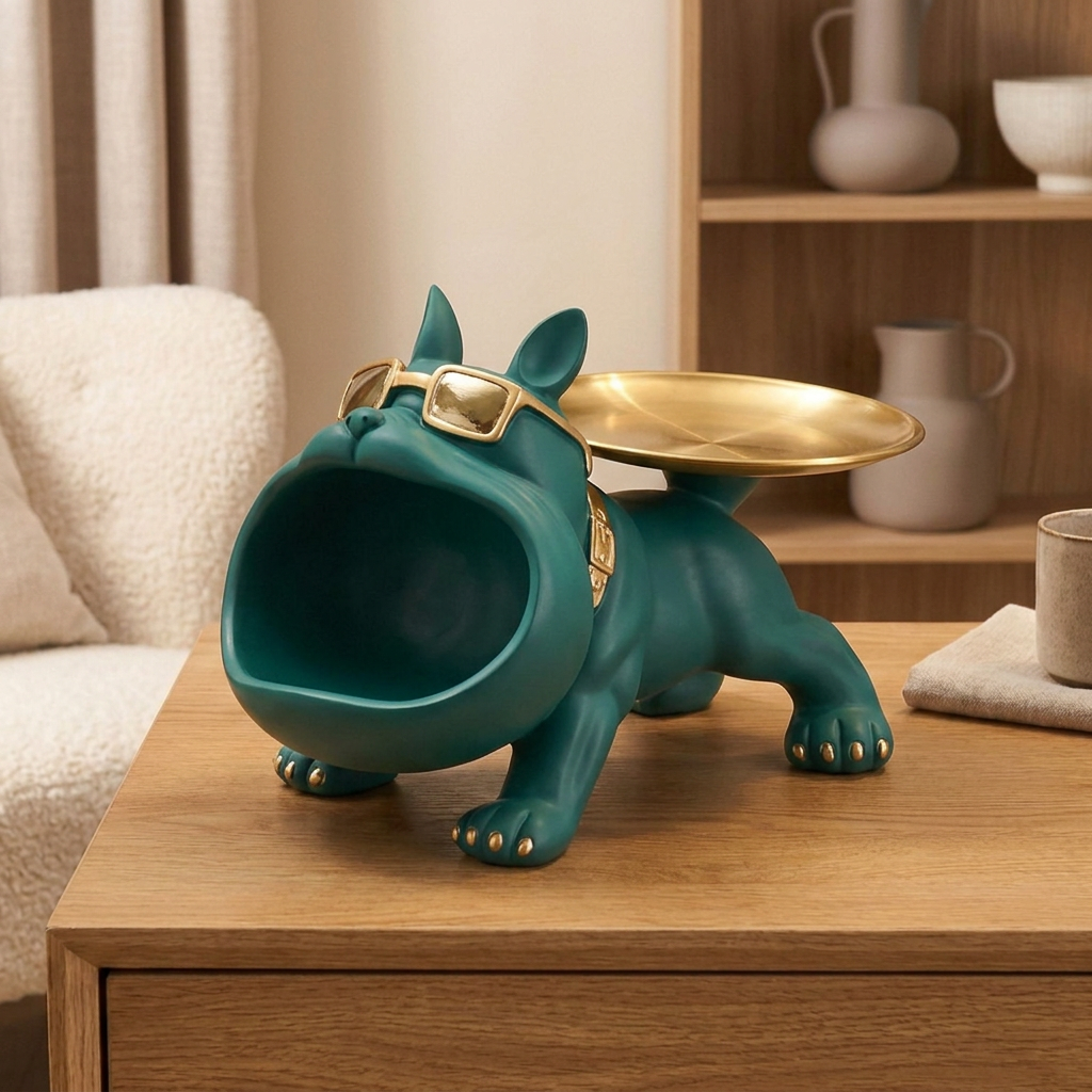 Bulldog Resin Statue Storage Tray - Light Green - warm scene